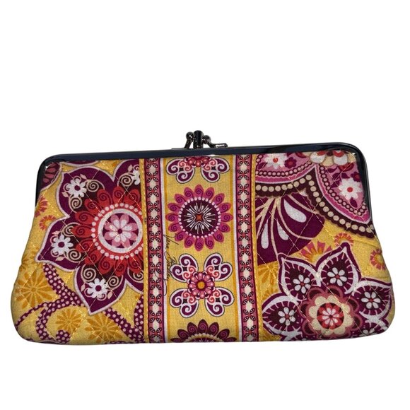 Vera Bradley Wallet Paisley Floral Fabric Snap Closure Yellow Pink Canvas - Picture 2 of 7